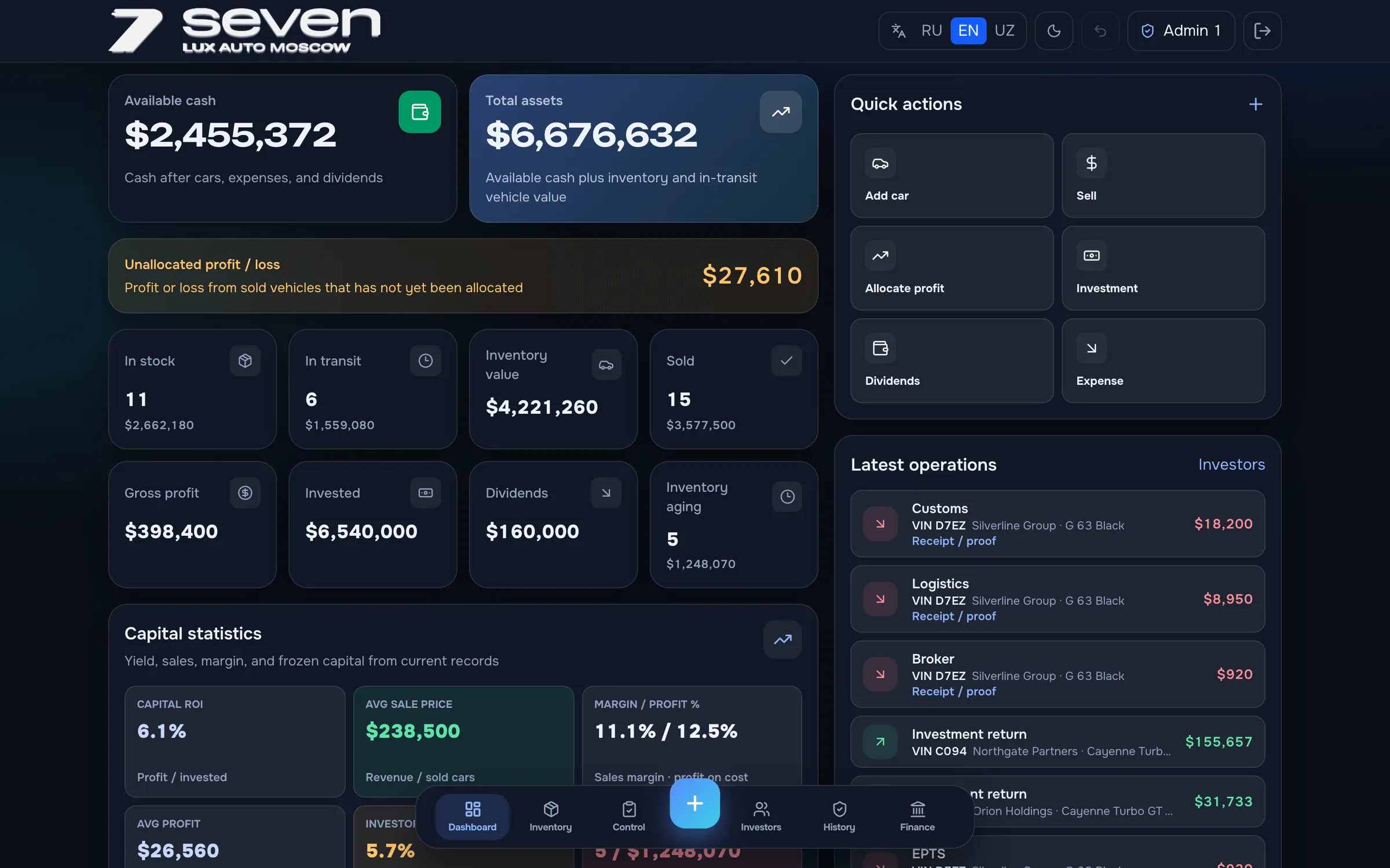 Capital dashboard in the “night glass” theme: free cash, total assets, an unallocated-profit alert, stock, transit and sold counts, quick actions and the latest ledger operations (fictional data).
