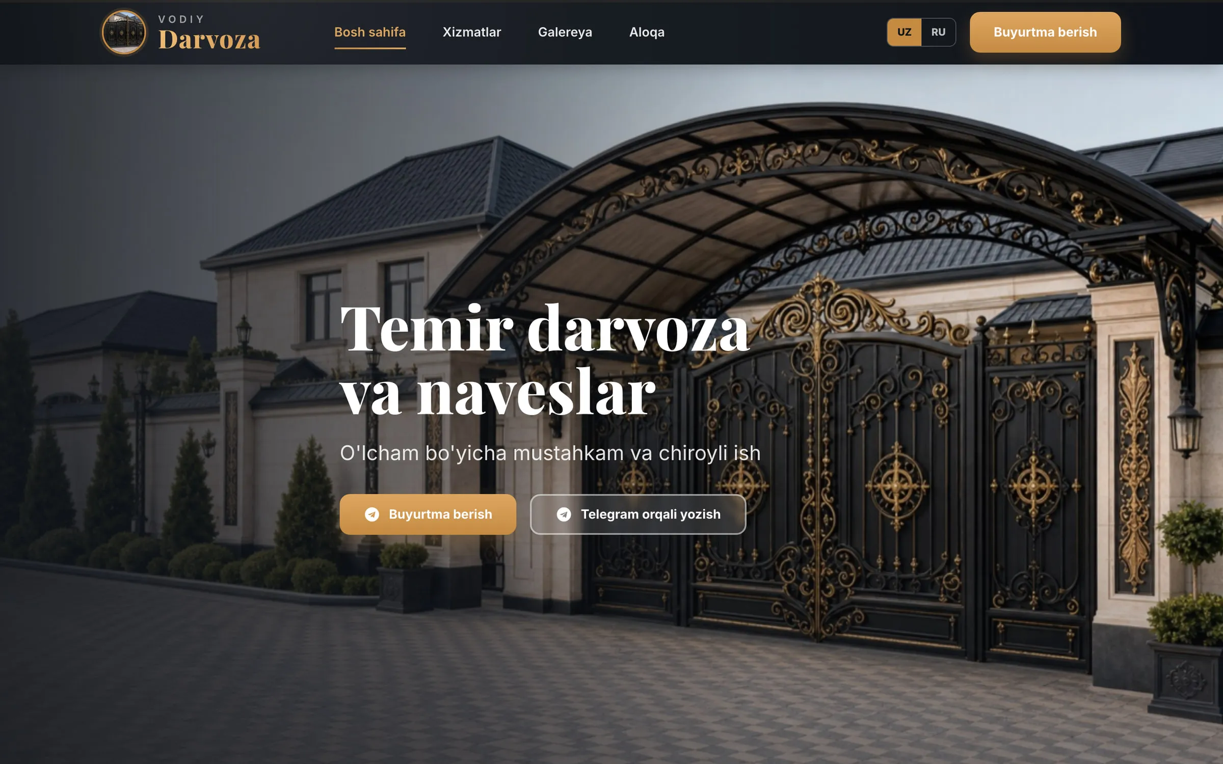 Hero “Temir darvoza va naveslar” (iron gates and carports) over a photo of an ornate black-and-gold gate, with order and Telegram buttons.