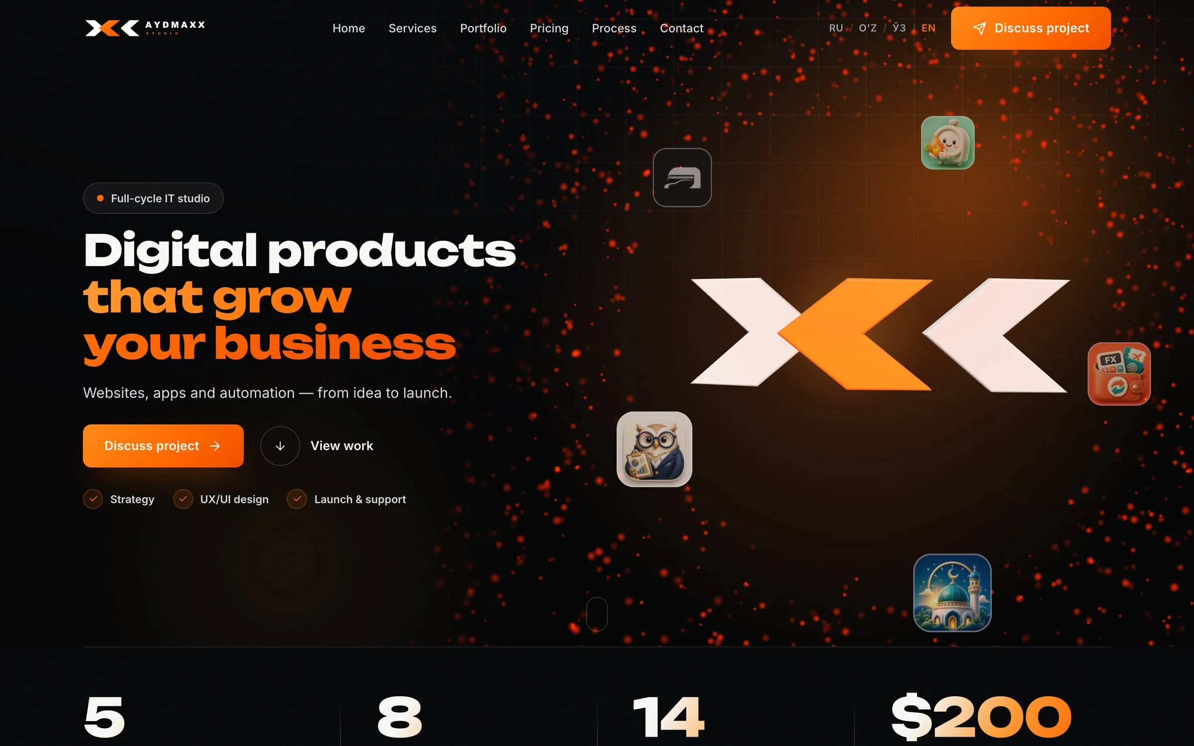 English home page hero “Digital products that grow your business” with the 3D AYDMAXX logo, floating app icons and a particle background.
