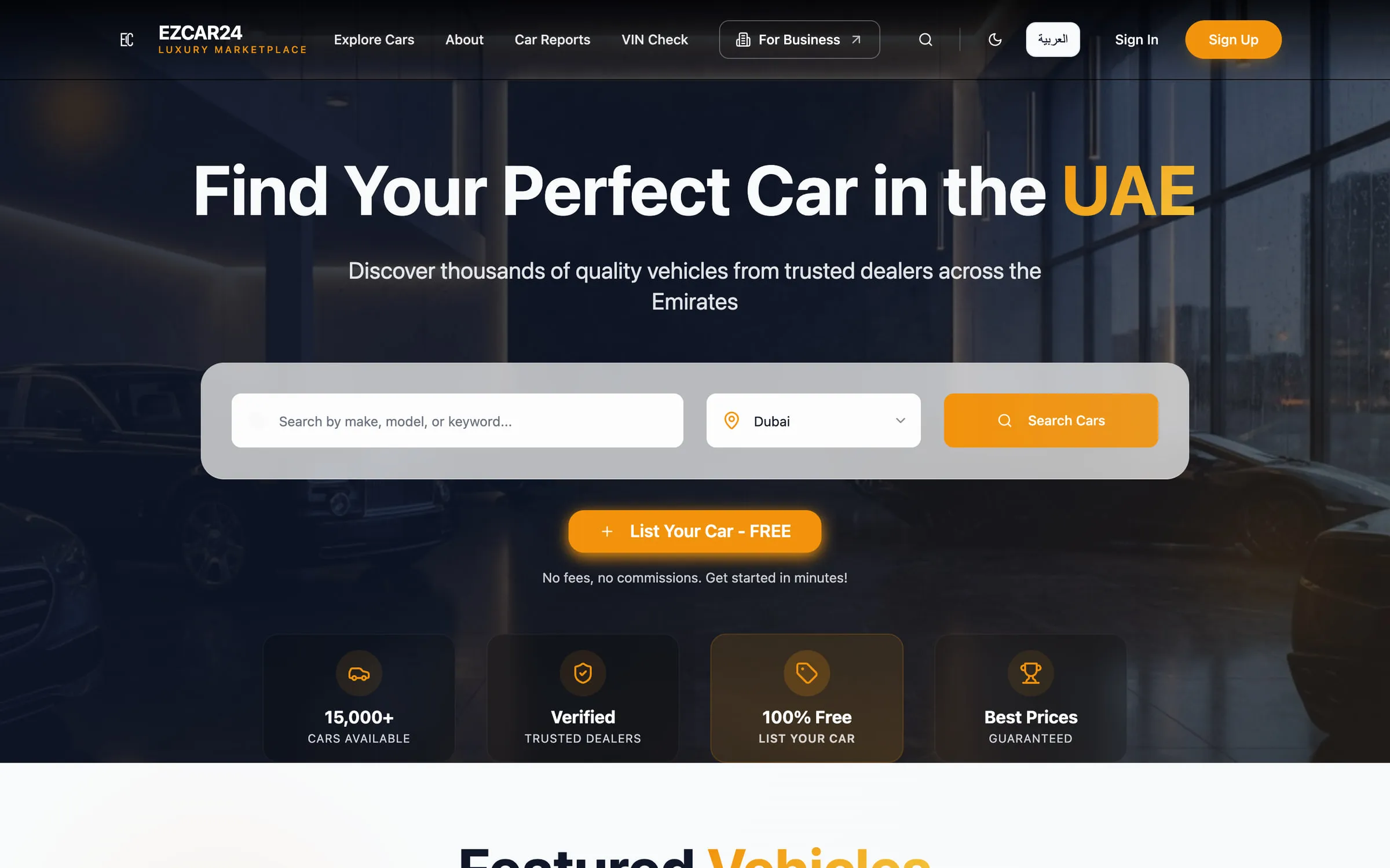 Marketplace hero “Find Your Perfect Car in the UAE” with a search bar, a List Your Car button and four trust badges.