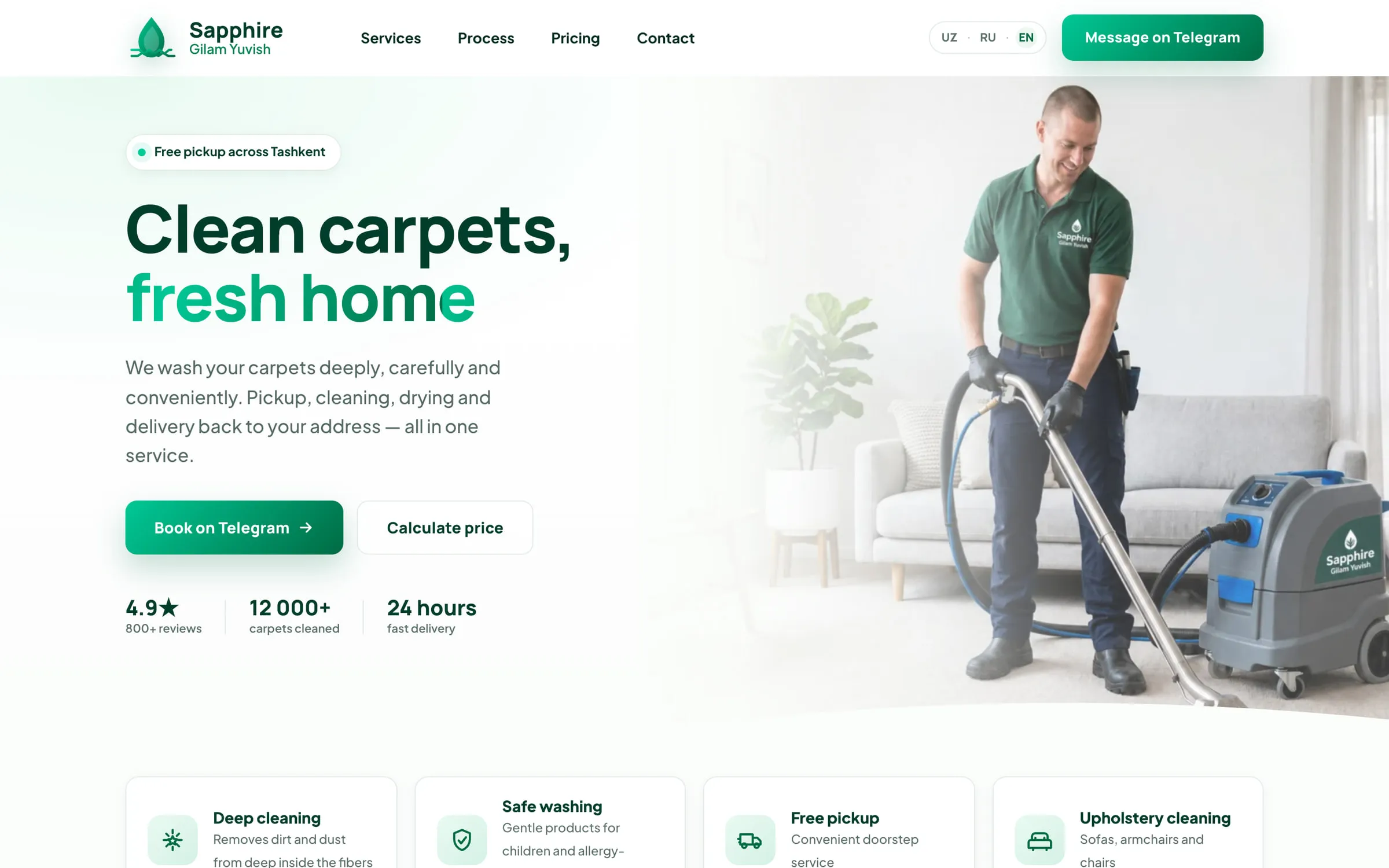 Hero “Clean carpets, fresh home” with Telegram booking and price-calculator buttons beside a photo of a technician cleaning a carpet.