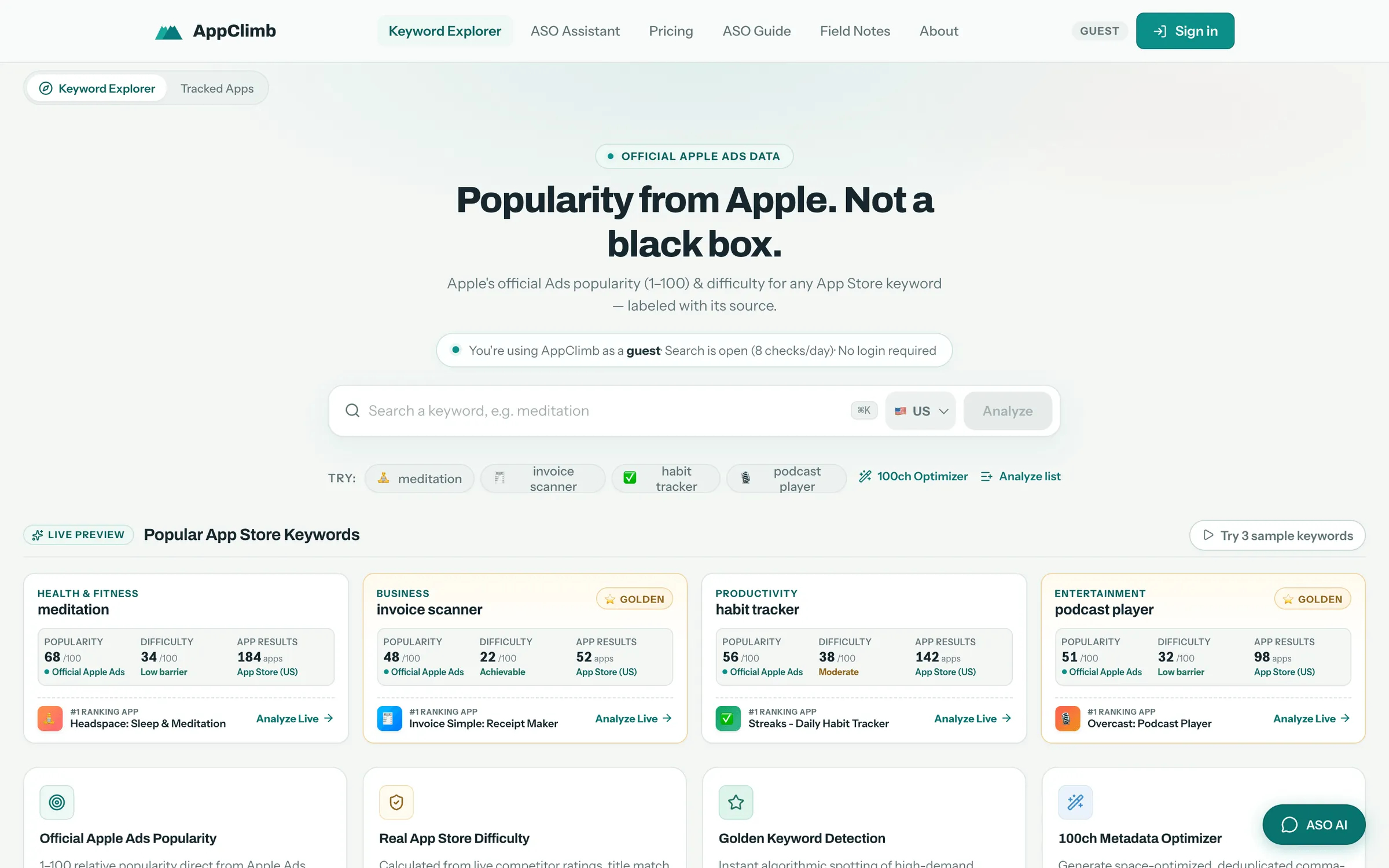 Keyword Explorer home with the headline “Popularity from Apple. Not a black box.”, a keyword search bar and live preview cards with popularity and difficulty.