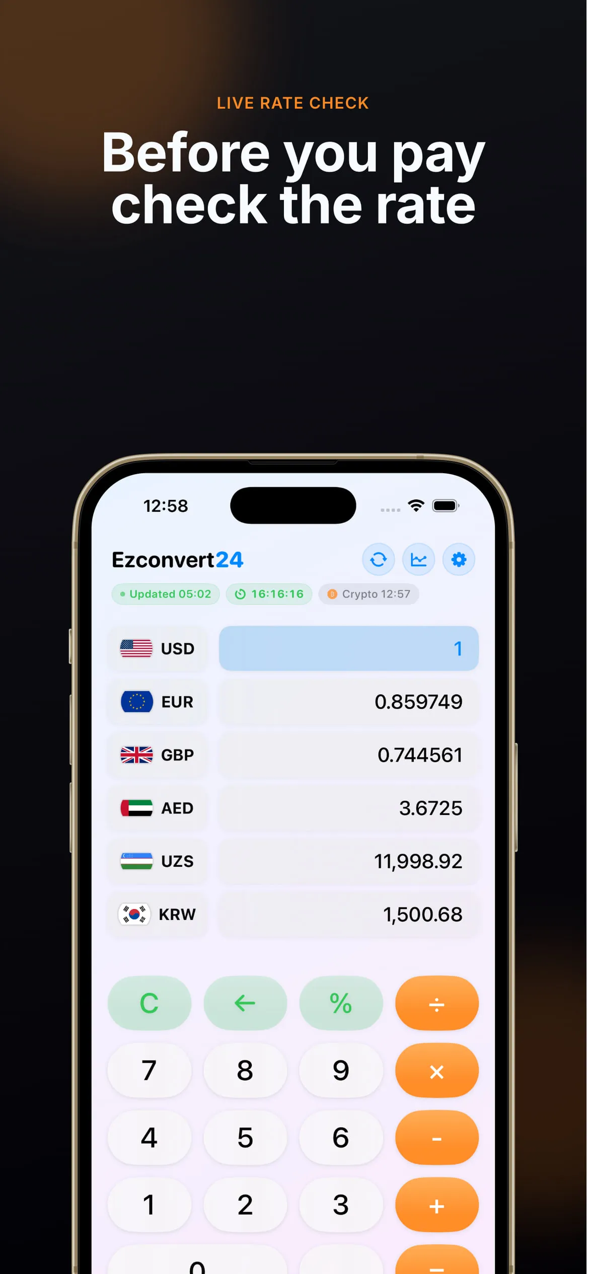 Converter showing one US dollar in EUR, GBP, AED, UZS and KRW above a calculator keypad.
