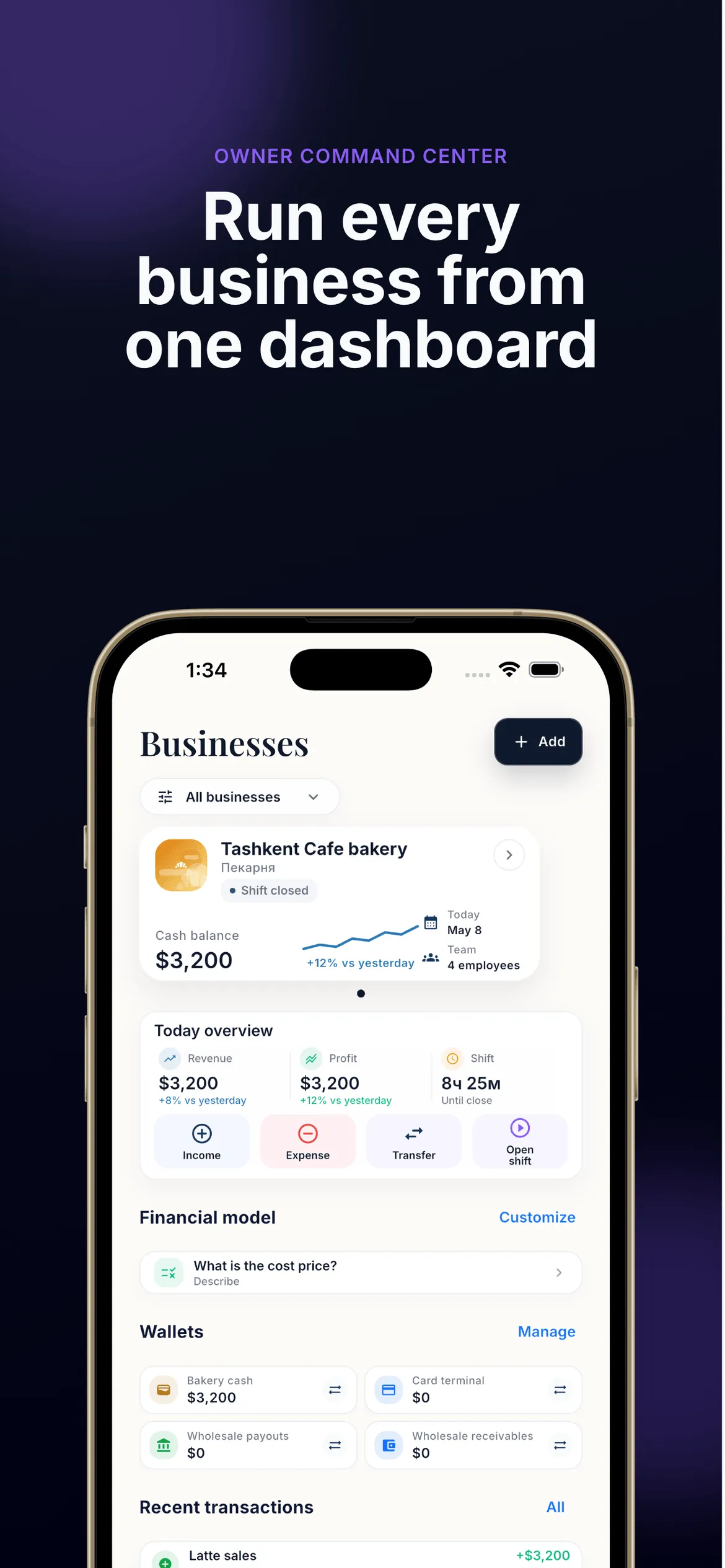 Businesses dashboard with a demo café’s cash balance, today’s revenue and profit, quick actions and wallets.