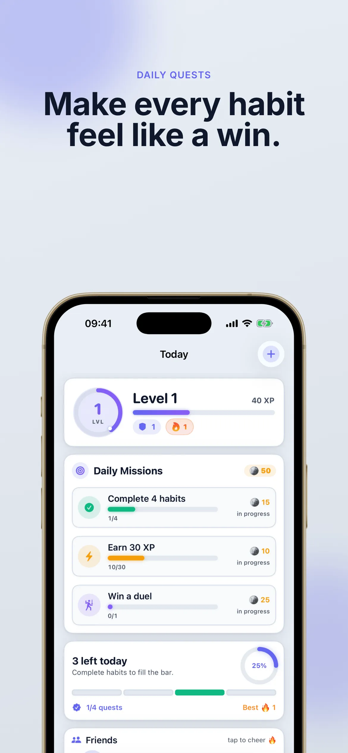 Today screen with level and XP, daily missions with coin rewards and a progress bar towards the day’s goal.