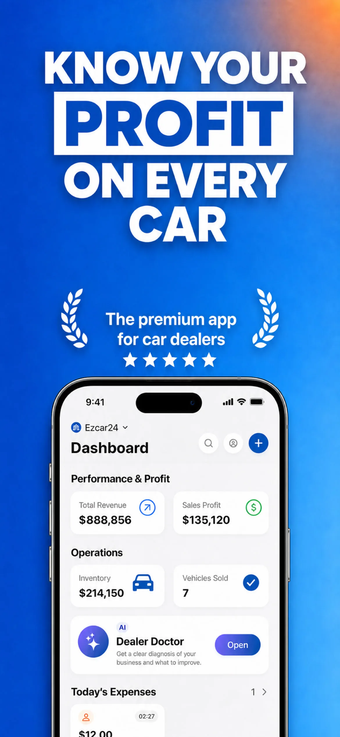 App Store frame “Know your profit on every car” over the iPhone dashboard with revenue, sales profit and operations totals.