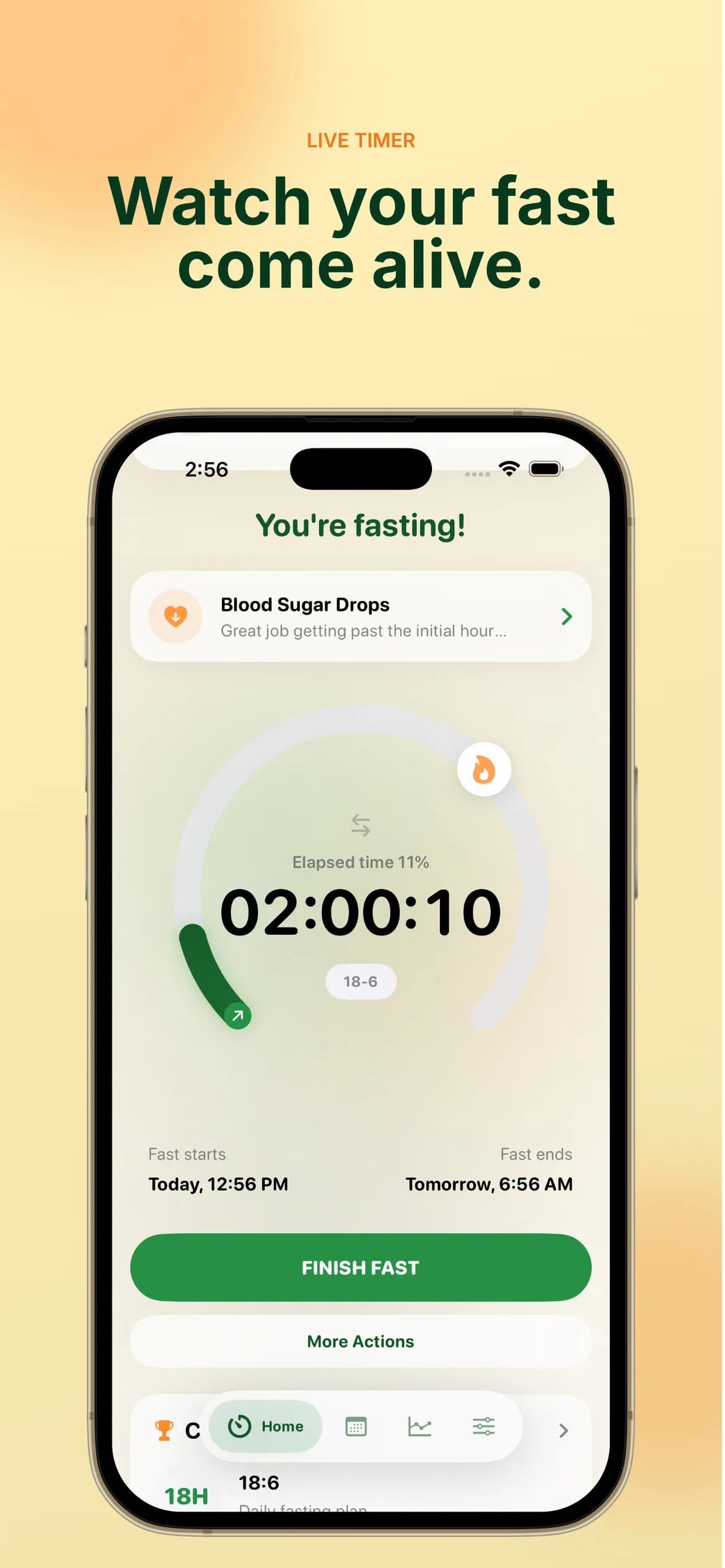 Live fasting timer ring on an 18:6 plan, with the current metabolic stage and the fast’s start and end times.