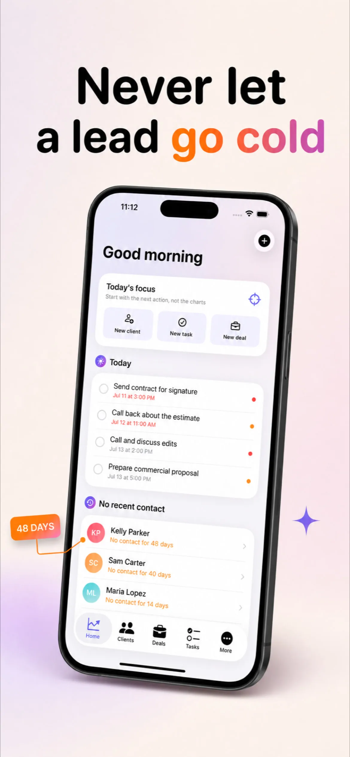Home screen with today’s focus, open tasks and a list of contacts not reached for weeks.