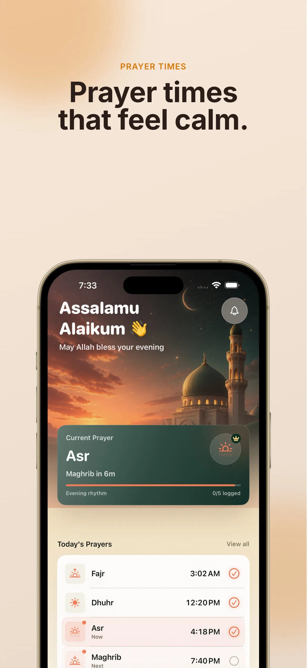 Home screen with an evening mosque illustration, the current prayer and today’s prayer times.