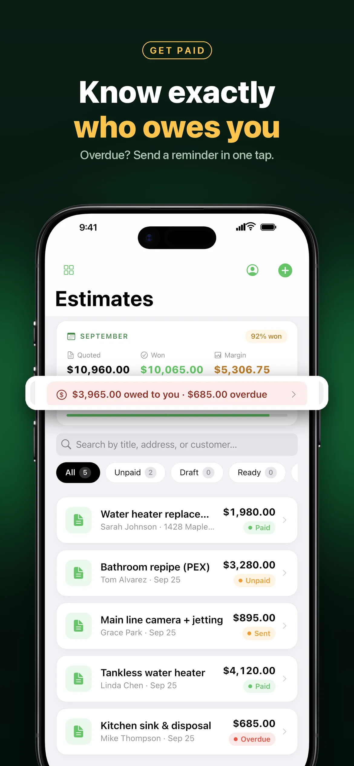 Estimates list for the month with quoted, won and margin totals, an overdue banner and status filters.