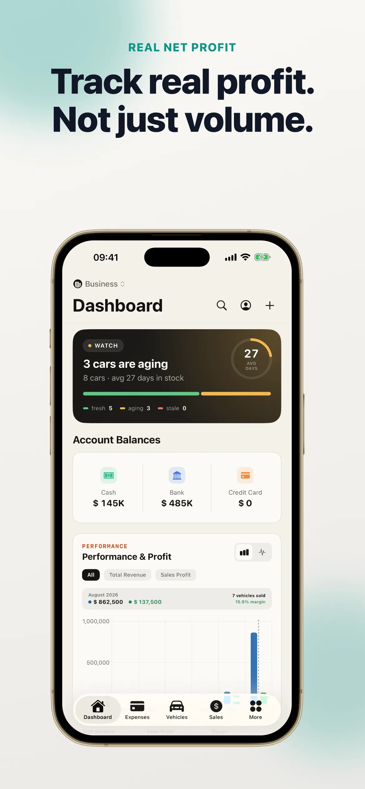 Dashboard with an aging-stock alert, account balances and a performance and profit chart.