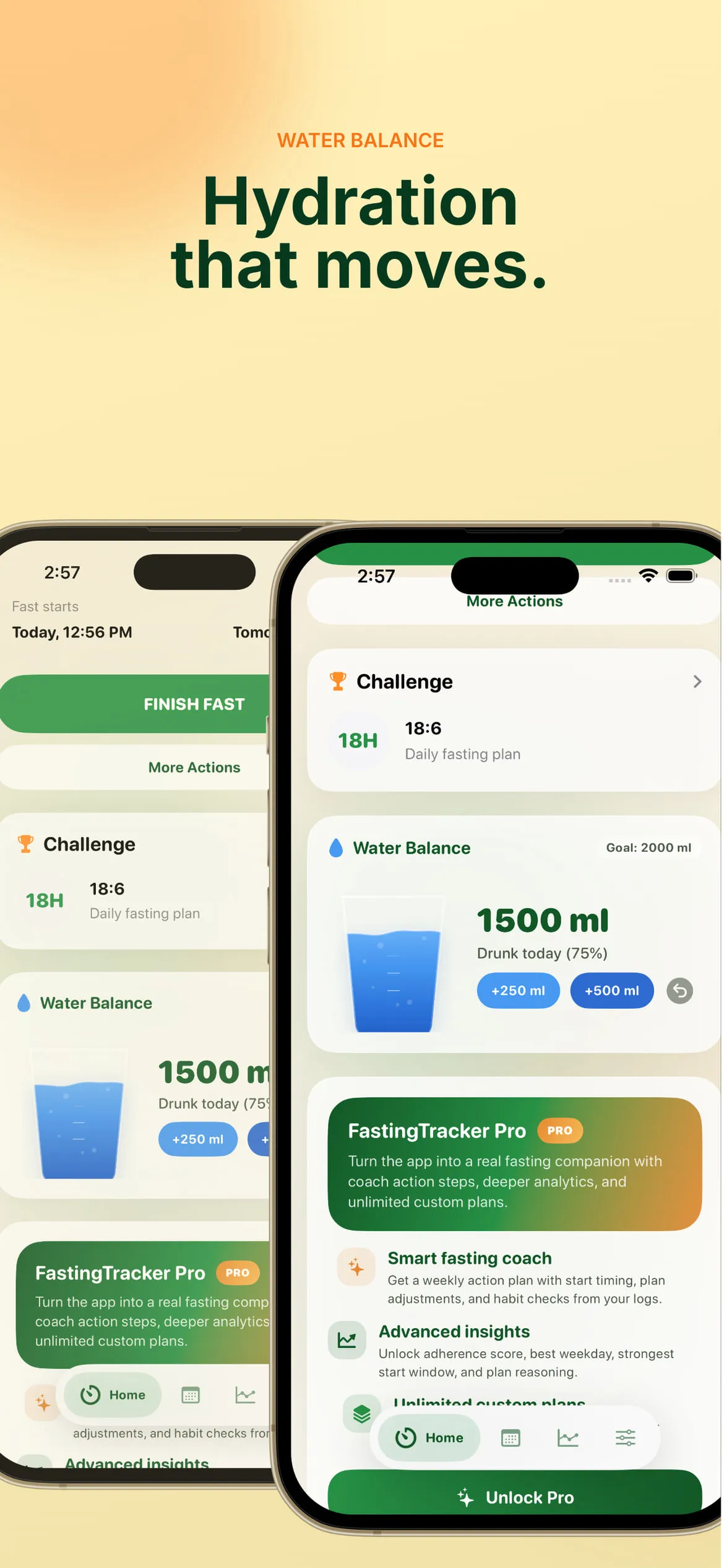 Two iPhones with the challenge card, the water-balance tracker and the Pro upsell card.