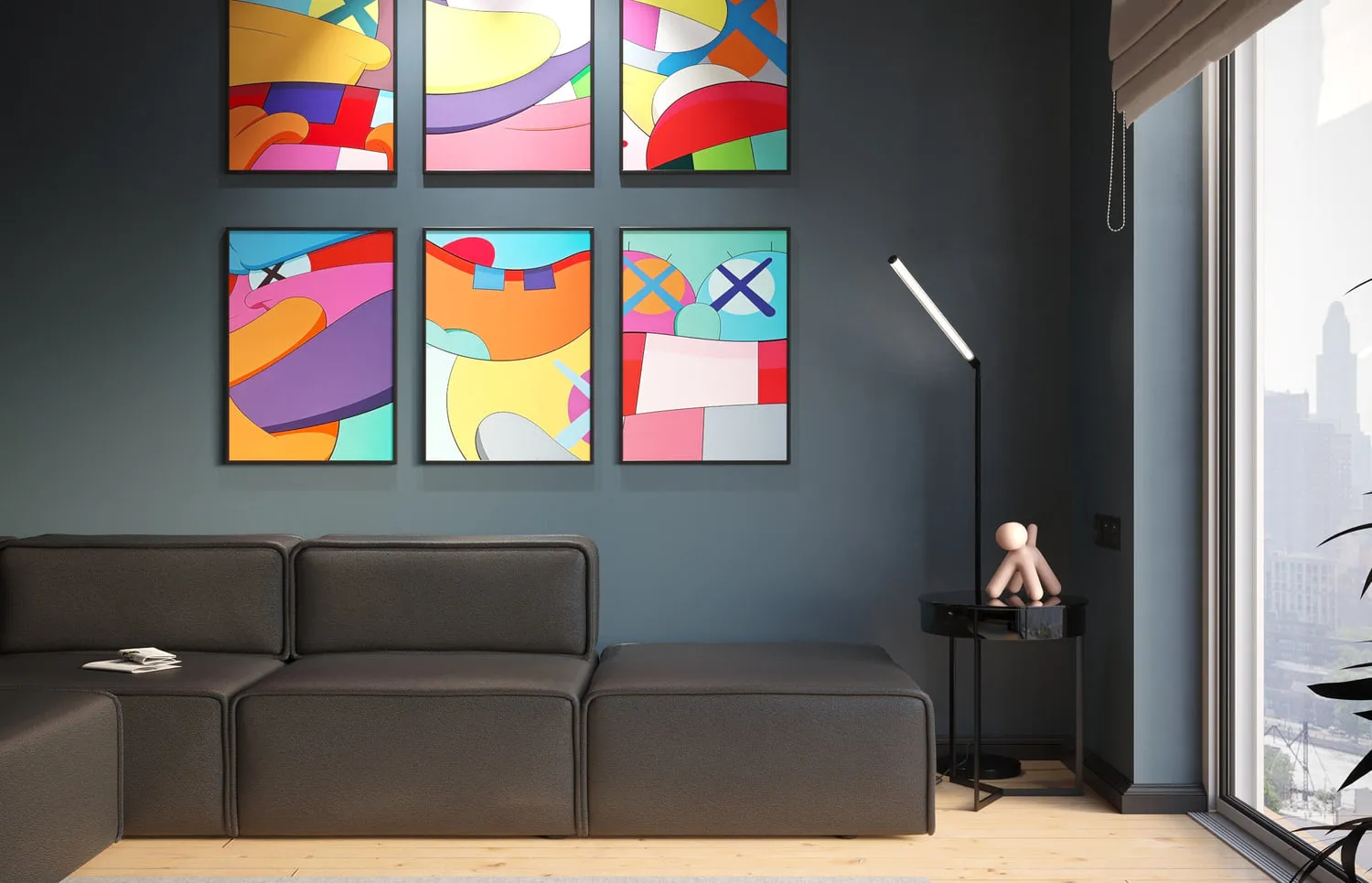 3D interior visualisation of a living room with deep blue-grey walls, a black leather modular sofa, a grid of six colourful abstract prints, a slim floor lamp and a floor-to-ceiling window.