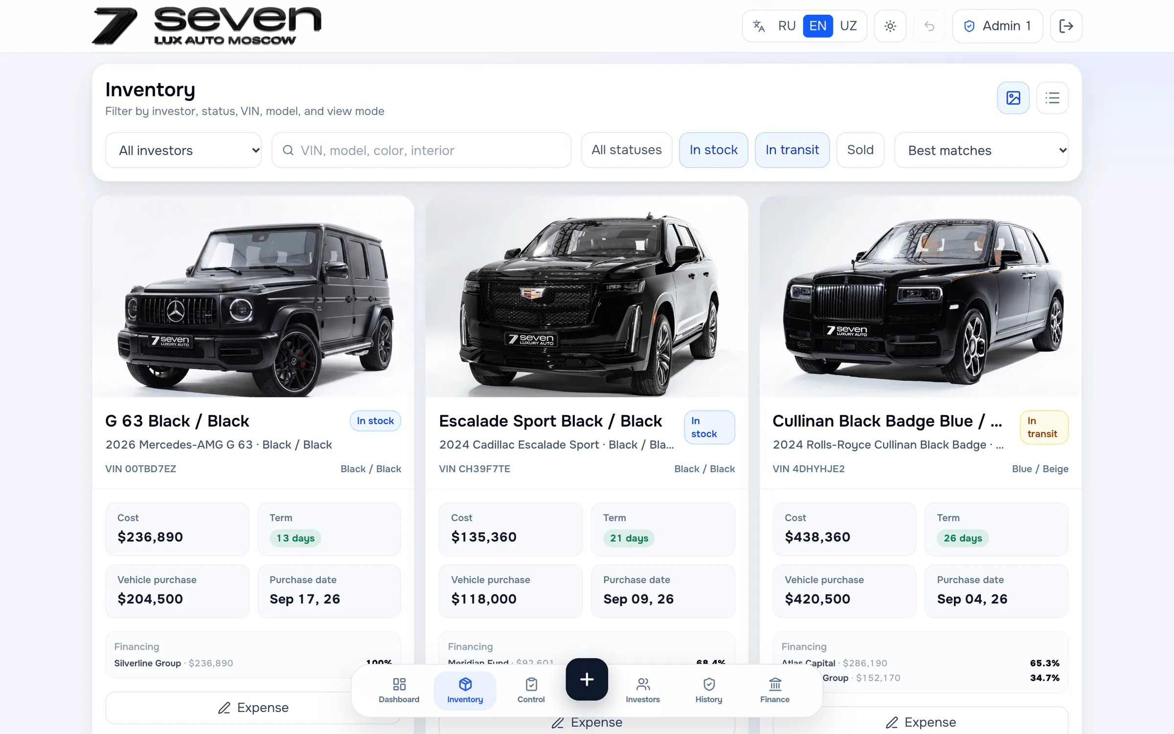 Inventory as photo cards, with investor and status filters, VIN and model search, cost, colour-coded days in stock and each car’s financing split between investors.