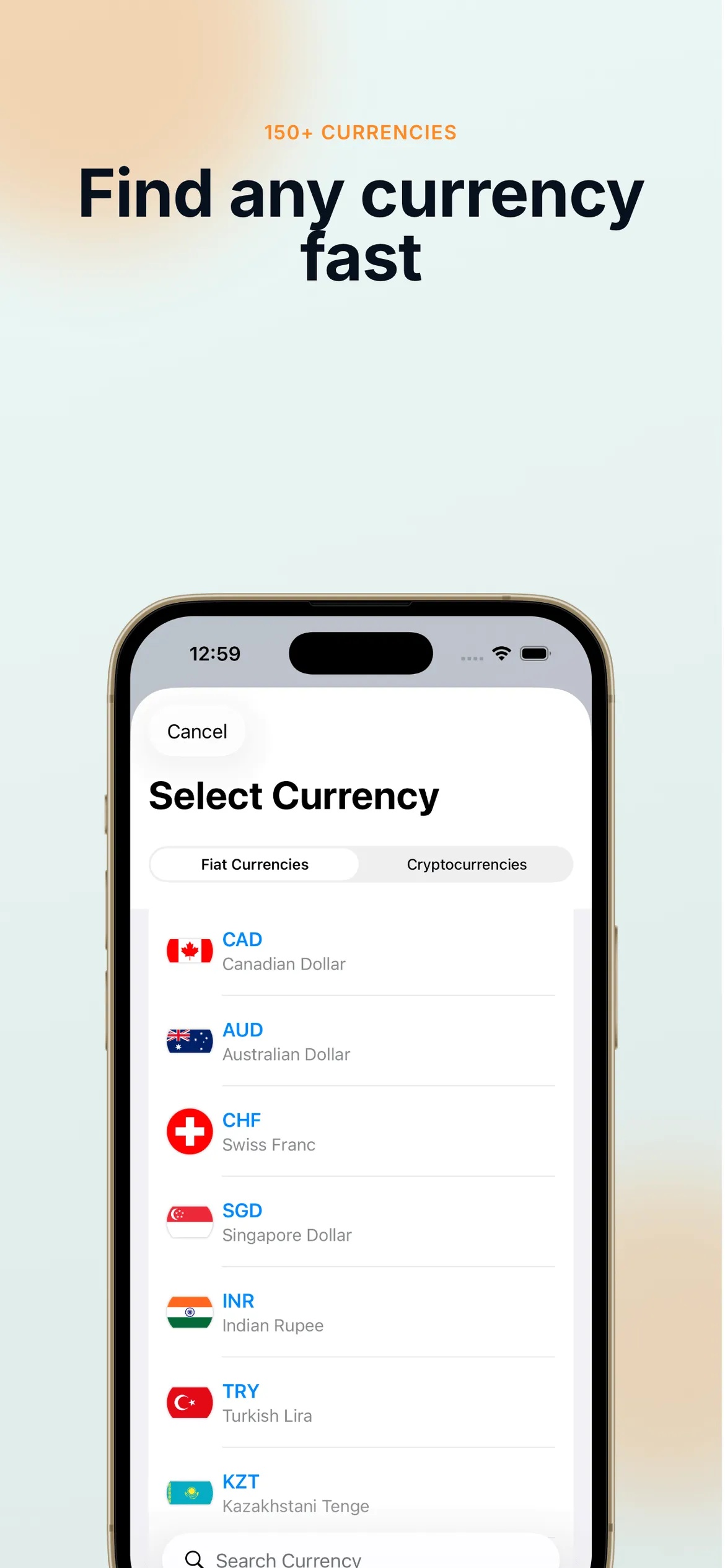Currency picker listing fiat currencies with their flags, under “Find any currency fast”.