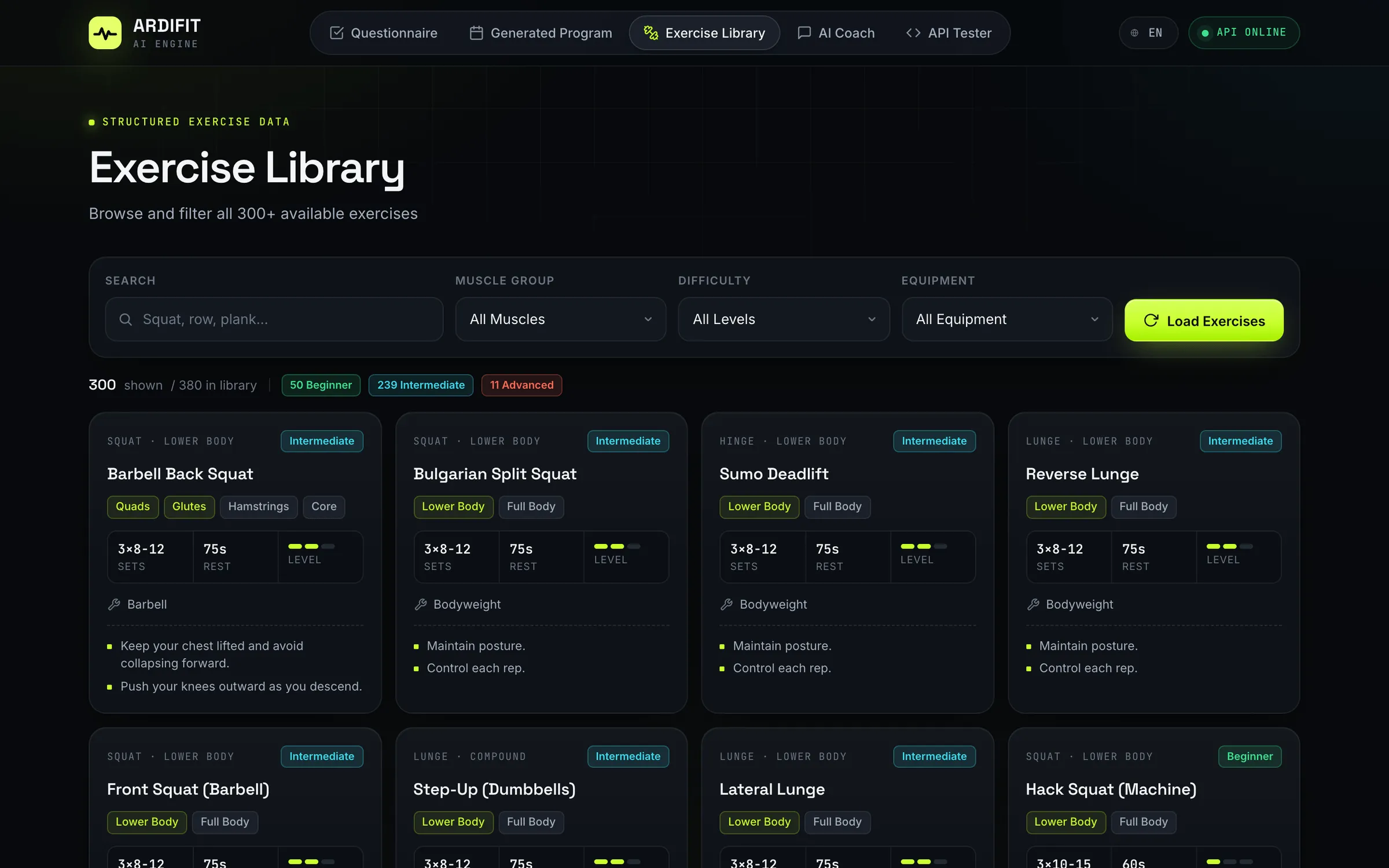 Exercise library with search, filters and difficulty counts; cards show movement pattern, target muscles, default volume, progression level and coaching cues.