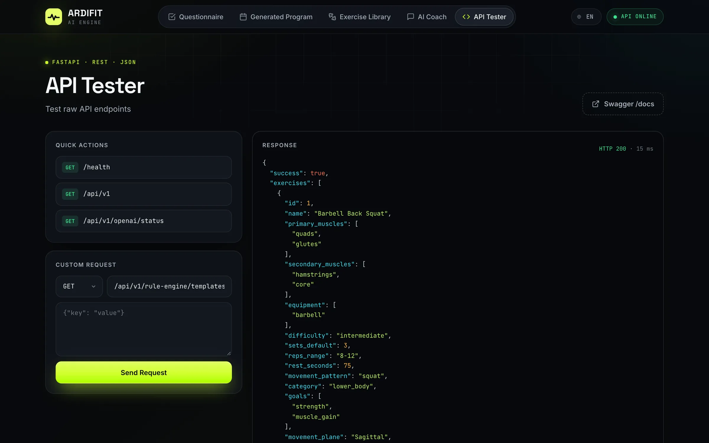 Built-in API tester calling the exercise-templates endpoint and showing the HTTP status, latency and a highlighted JSON response.