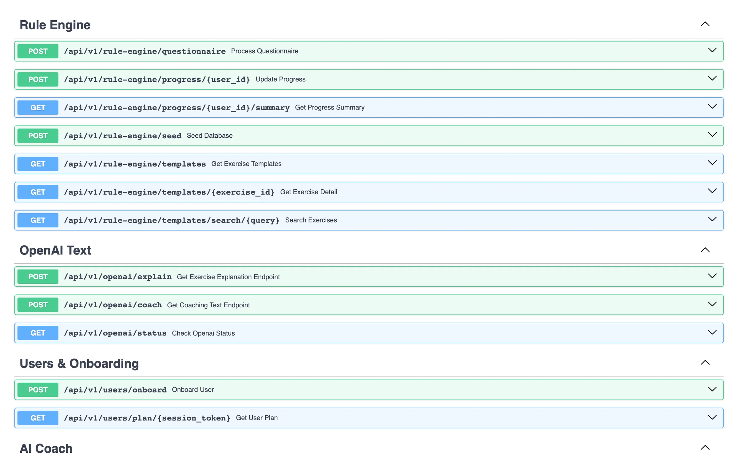 FastAPI Swagger documentation listing the rule-engine, OpenAI text and user-onboarding endpoints.