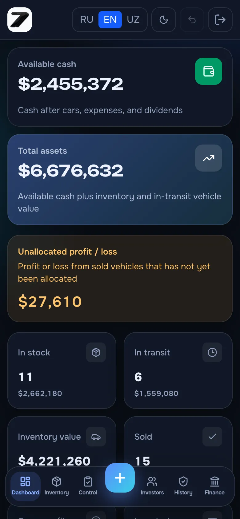 Phone dashboard in the night theme: cash and asset cards, the unallocated-profit alert and the floating glass dock with a raised “+” button.