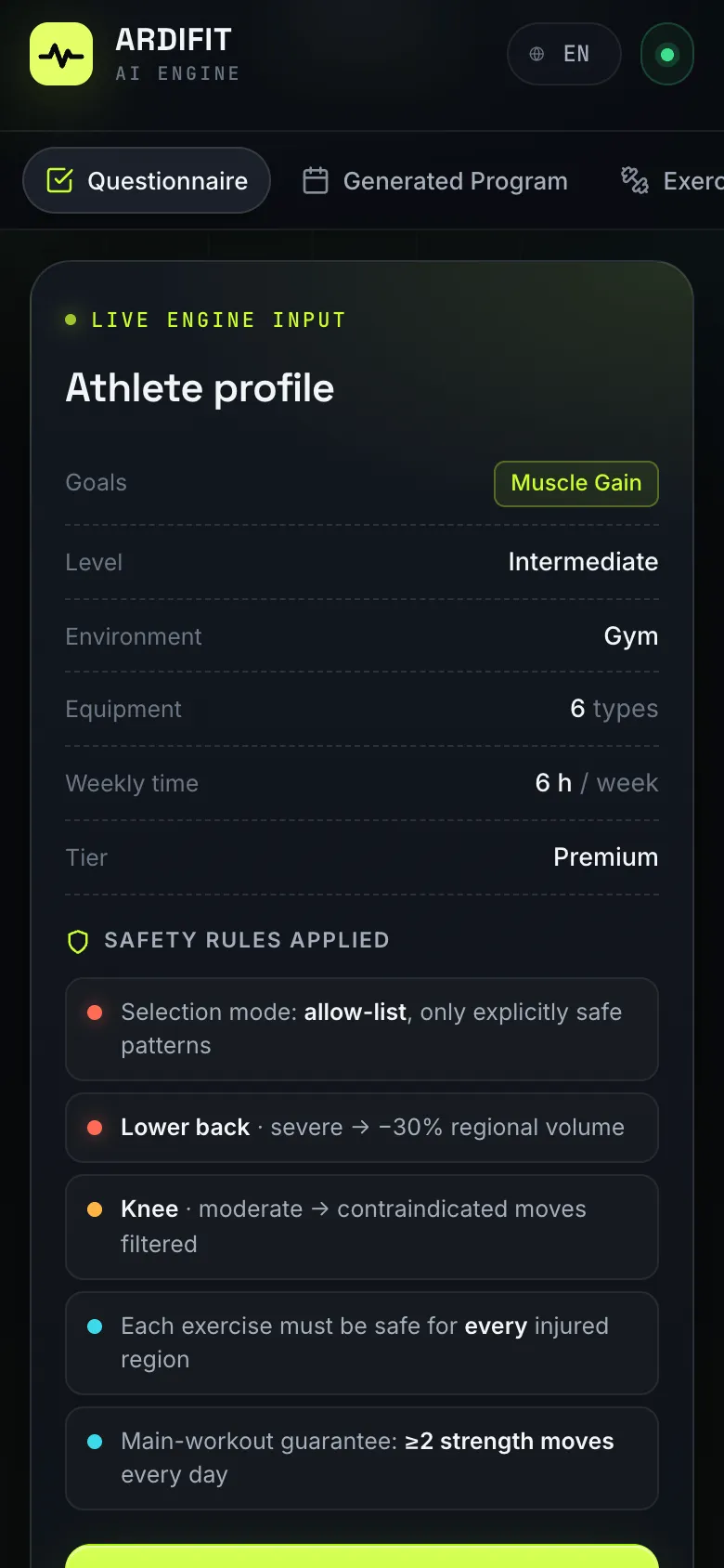 Mobile athlete-profile panel summarising the inputs and the injury-driven safety rules before the program is generated.