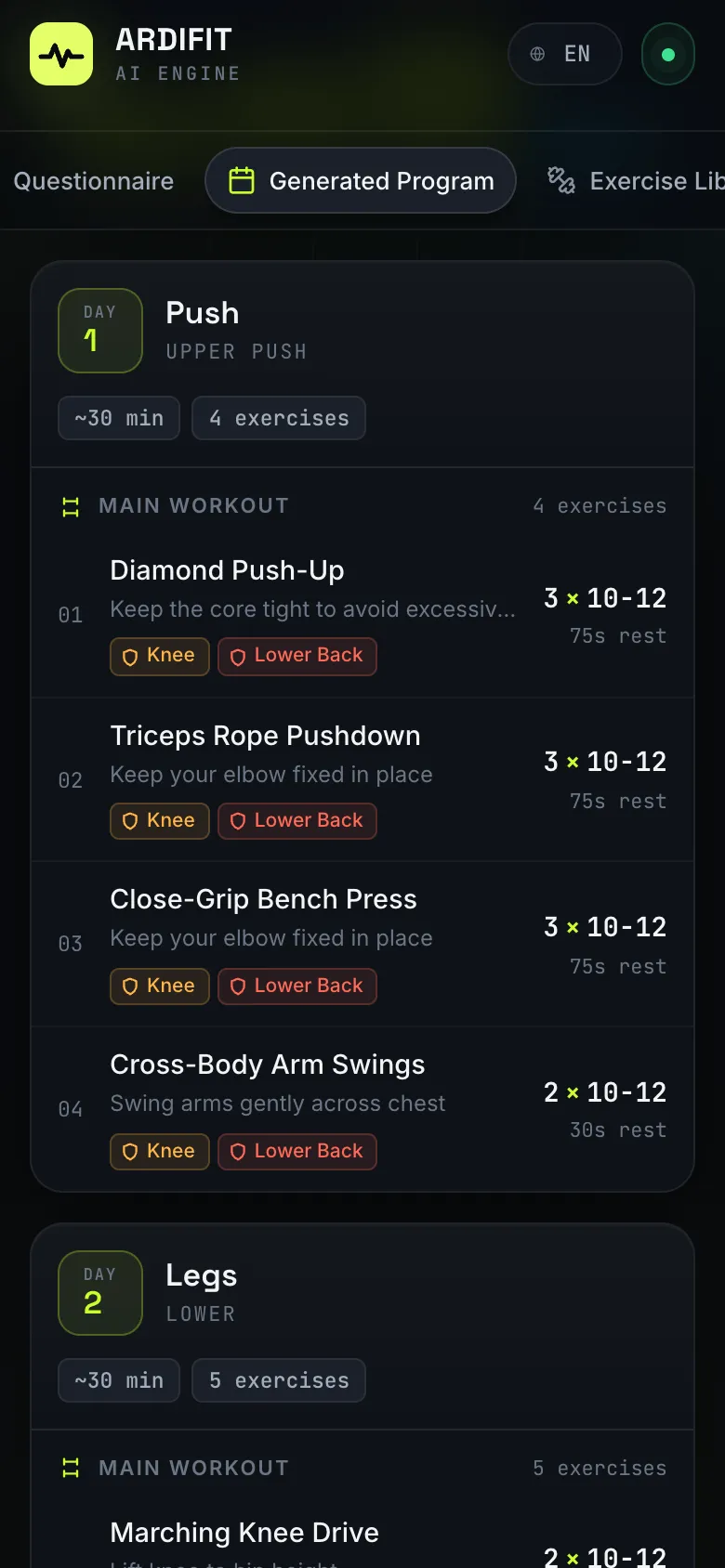 A generated training day on the phone, with exercises, sets × reps, rest and injury-safe tags.